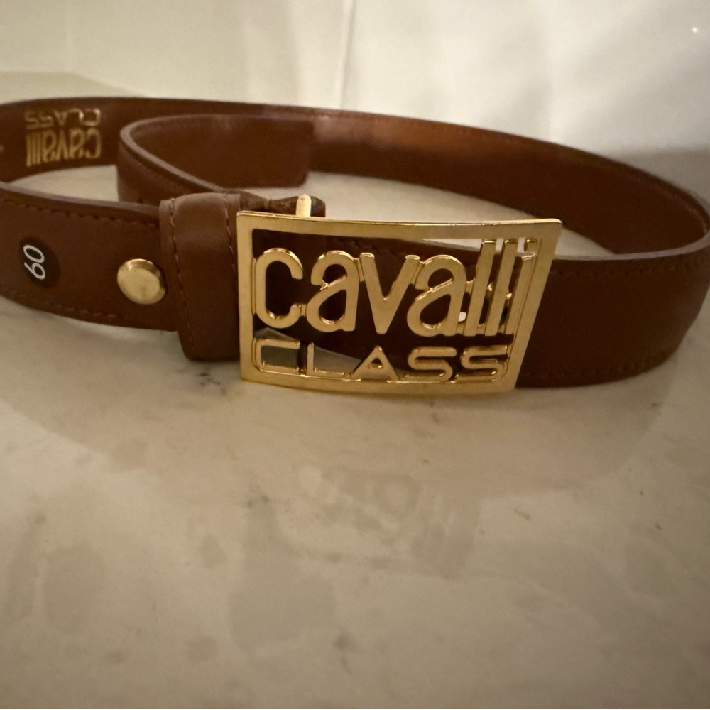 Cavalli Class Tan Leather Belt with Gold Logo Buckle